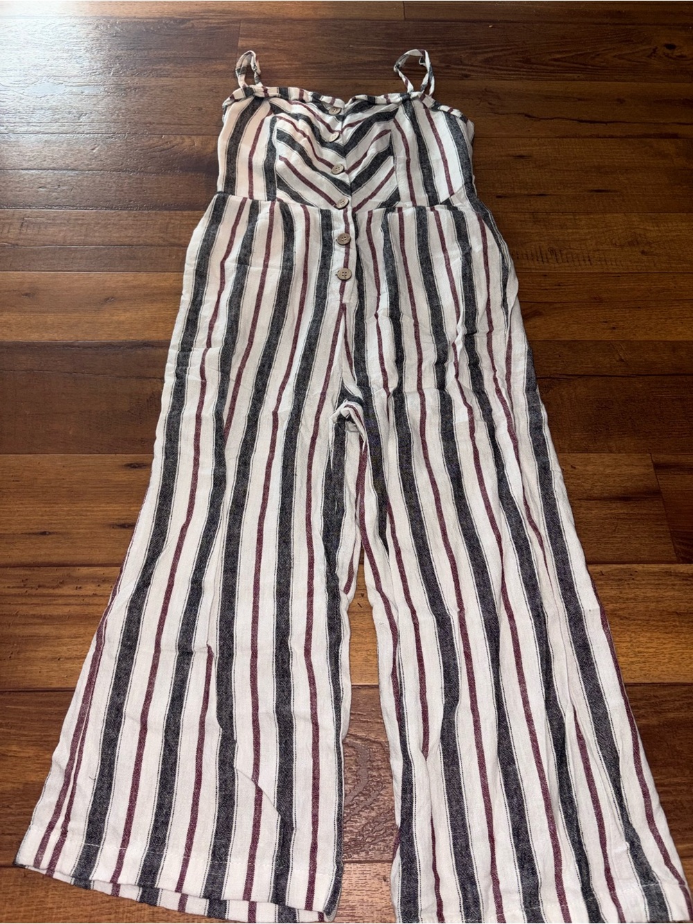 Love Tree Striped Jumpsuit Small Linen Blend Wide Leg Button Front Cami Romper